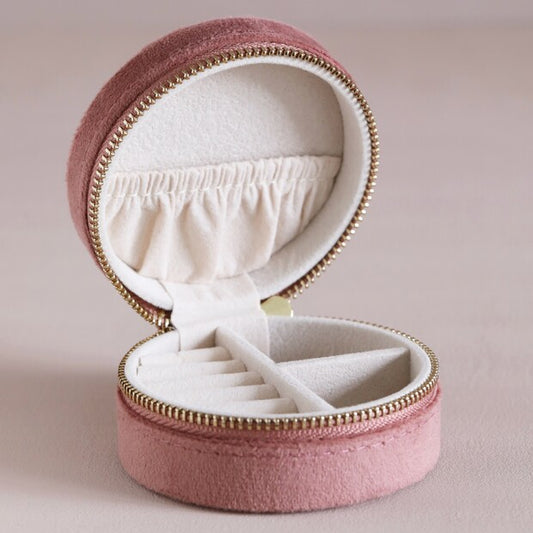 Rose Pink Velvet Round Travel Jewellery Case