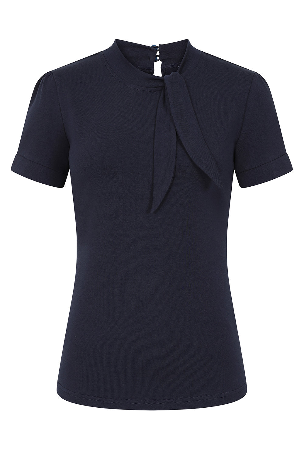 Navy blue top against a plain white background. The top has short sleeves and a tie neck with a two button fasten at the back of the neck.