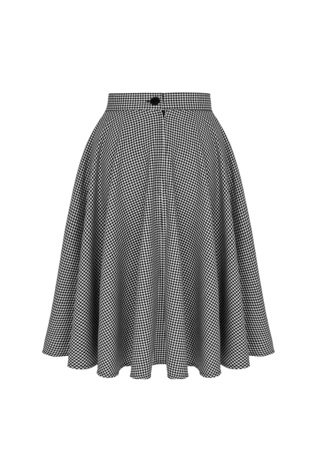 The back of the Teddy houndstooth print 50s skirt by Hell Bunny, showing the black waistband button and the top of the invisible zip closure.
