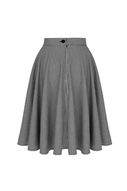 The back of the Teddy houndstooth print 50s skirt by Hell Bunny, showing the black waistband button and the top of the invisible zip closure.