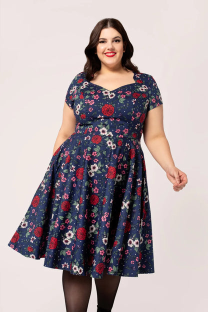 Camellia Blue Floral 50s Dress by Hell Bunny