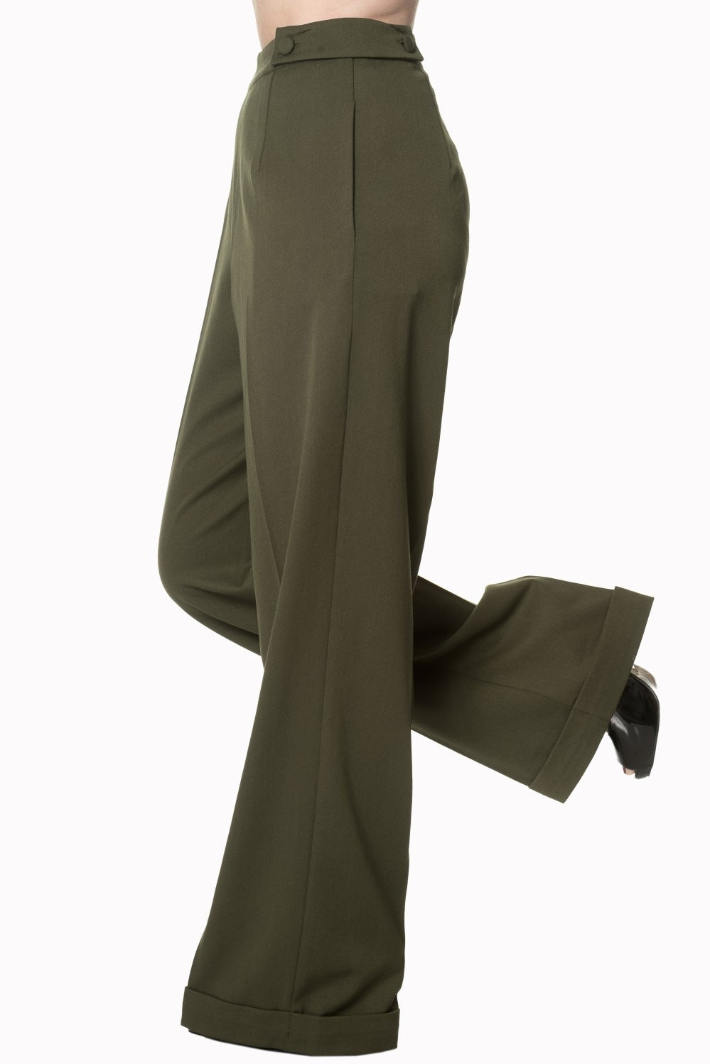 Wide leg retro khaki green trousers with button detail side tabs and deep pockets.