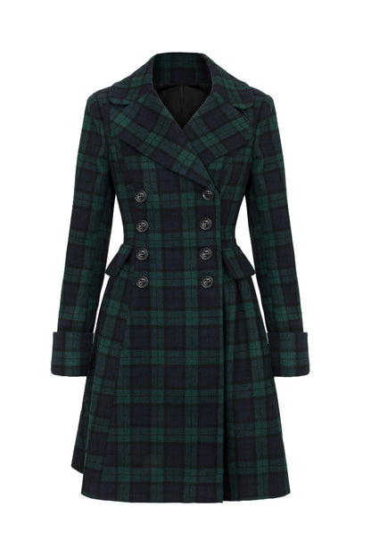 Navy and green tartan women's winter coat with fitted bodice and flared skirt