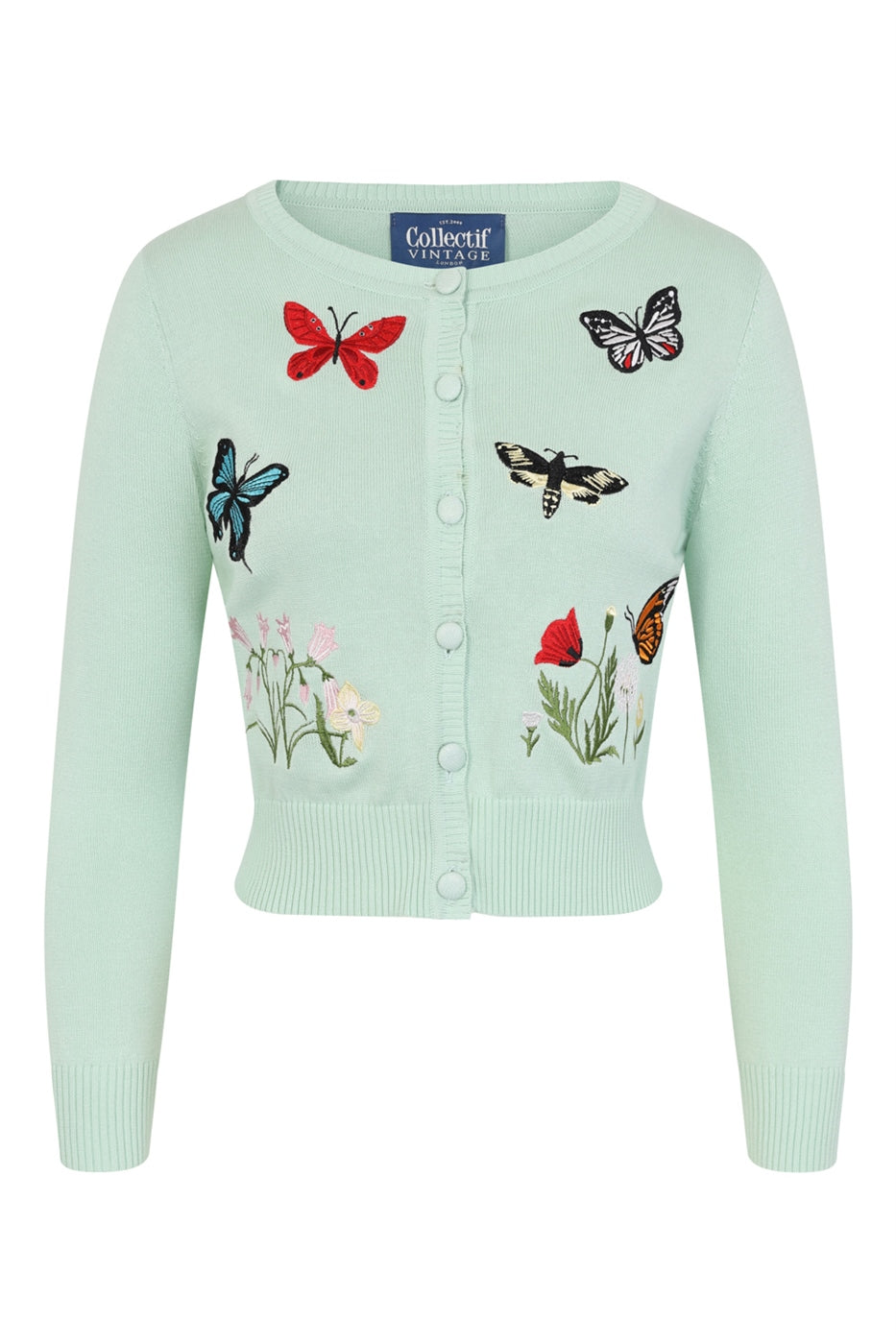 mint green coloured knitted cardigan with colourful embroidered butterflies on the front