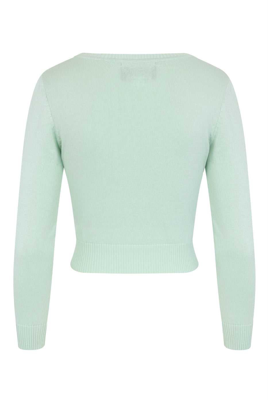 Back view of a mint green fine knit cardigan with long sleeves. The back is plain.