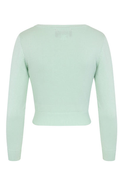Back view of a mint green fine knit cardigan with long sleeves. The back is plain.