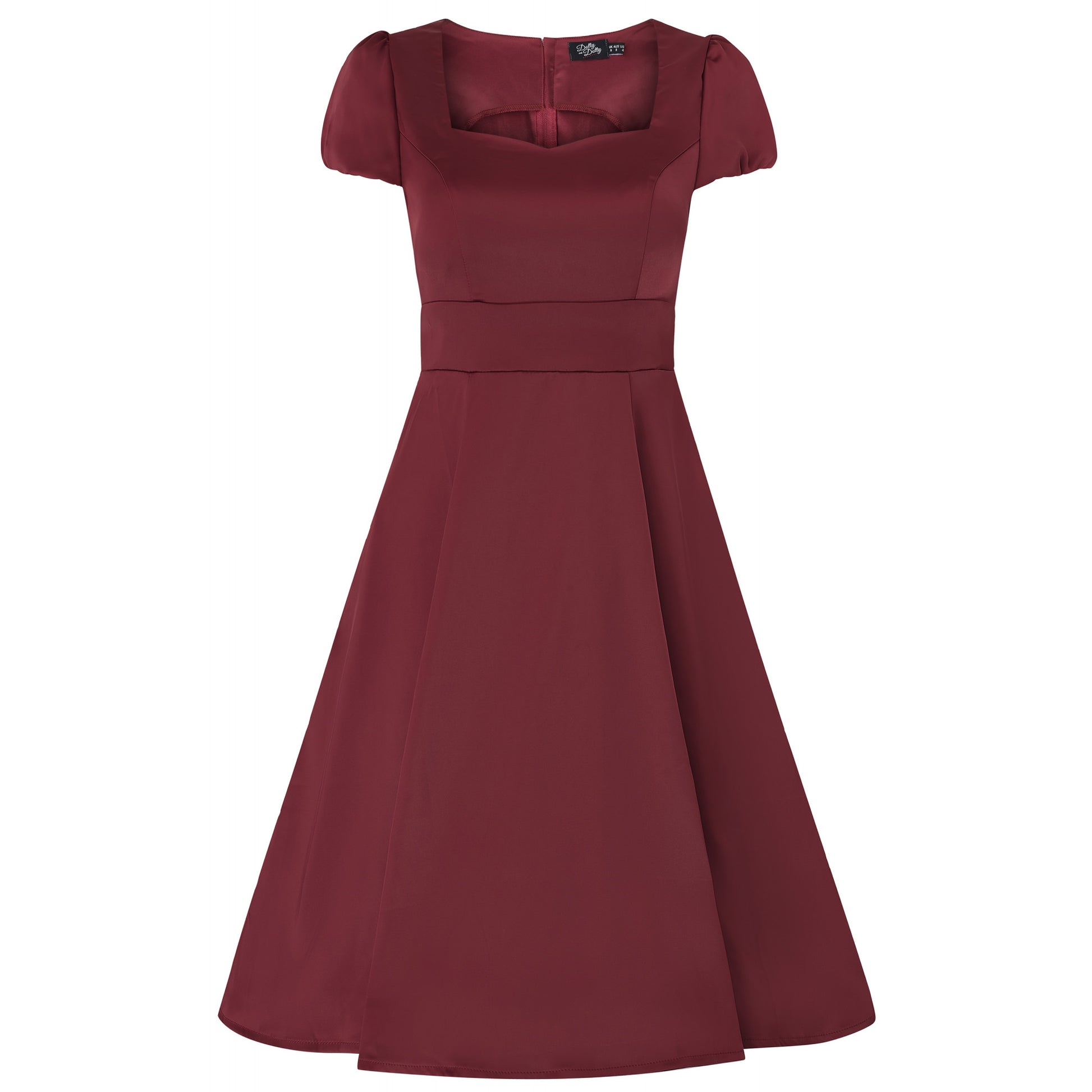 A deep burgundy red vintage style dress by dolly and dotty made from satin. Key features include a sweetheart neckline, short sleeves and a flared skirt.