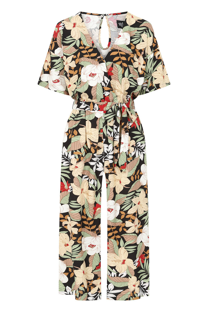 70s print women's belted floral jumpsuit