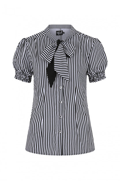 The Humbug Blouse by Hell Bunny from the front featuring a black and white vertical stripe print, pussybow tie neck, short sleeves and button front. 