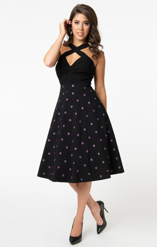 Vivien Black & Purple Polka Dot  Swing Skirt