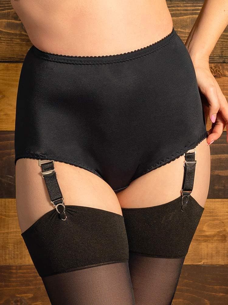 Close up of the high waisted Liz knickers in black with suspender straps attached to black stockings