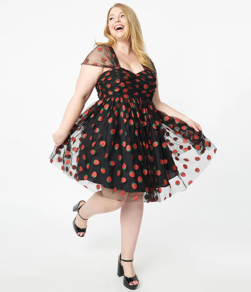 Heart & Soul Black & Glitter Strawberry Print Babydoll Dress by Unique Vintage