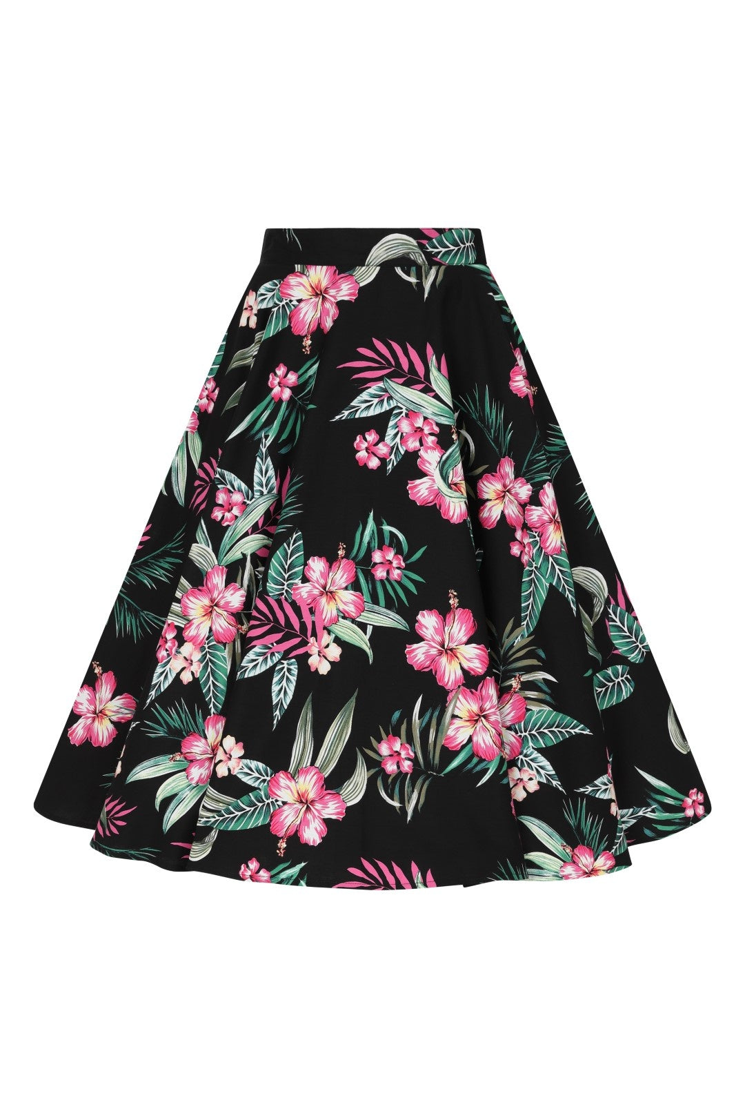 50s style black skirt with pink hibiscus flowers and green foliage print