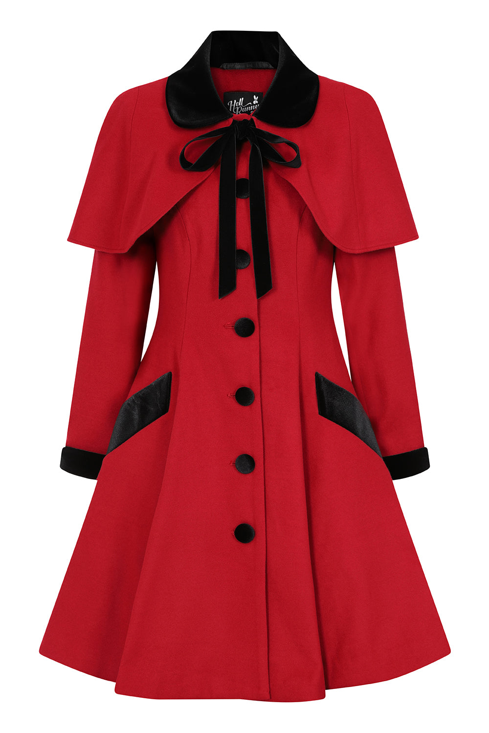 vintage red coat with detachable cape and black contrast buttons, collar and cuffs