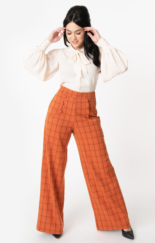 Ginger Orange Windowpane High Waist Trousers by Unique Vintage
