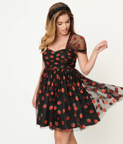 Heart & Soul Black & Glitter Strawberry Print Babydoll Dress by Unique Vintage