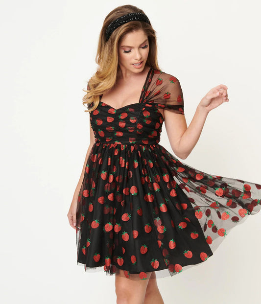 Heart & Soul Black Glitter Strawberry Print Babydoll Dress by Unique Vintage