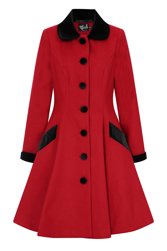 vintage style red women's coat with black contrast buttons, collar and cuffs