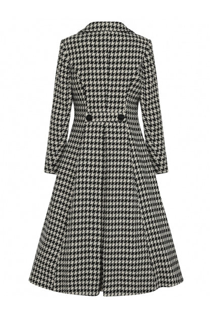 The Danna Houndstooth coat from the back showing the two black back buttons and the pleat in the bottom of the coat