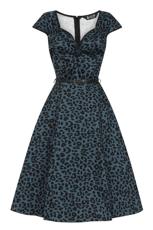 A navy blue 50s style dress with all over black leopard print, sweetheart bust and a thin black leather belt against a white background
