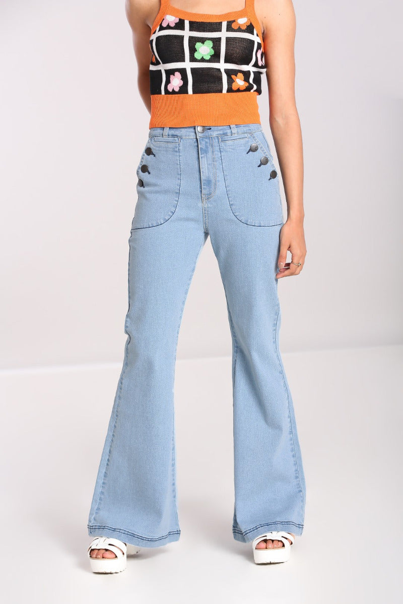 Jill 70s Inspired Light Blue Denim Jeans by Hell Bunny