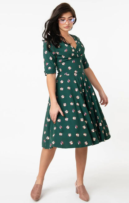 Green and Owl Bookworm Print Delores Swing Dress by Unique Vintage