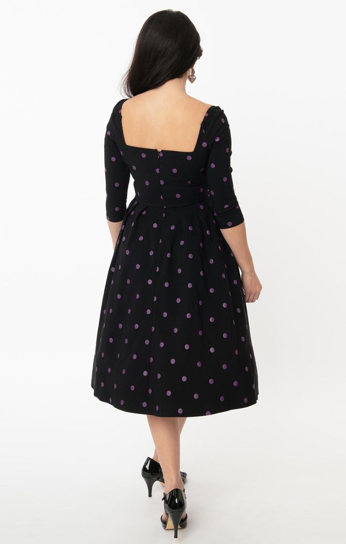 Lamar 1950s Black & Purple Polka Dot Sweetheart Swing Dress by Unique Vintage
