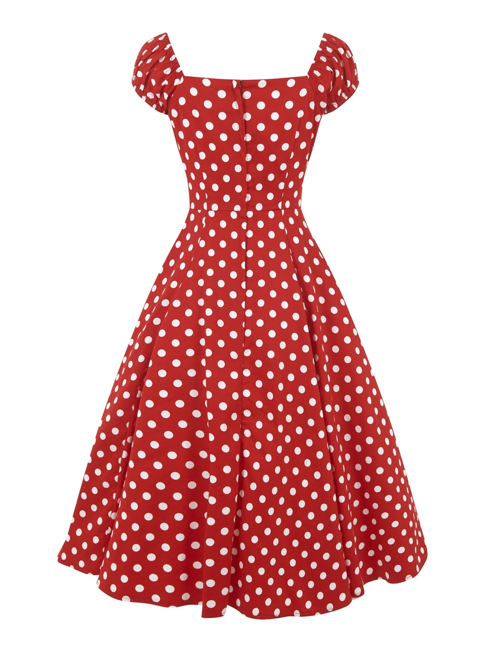 the back of the red and white polka dolores dress by collectif
