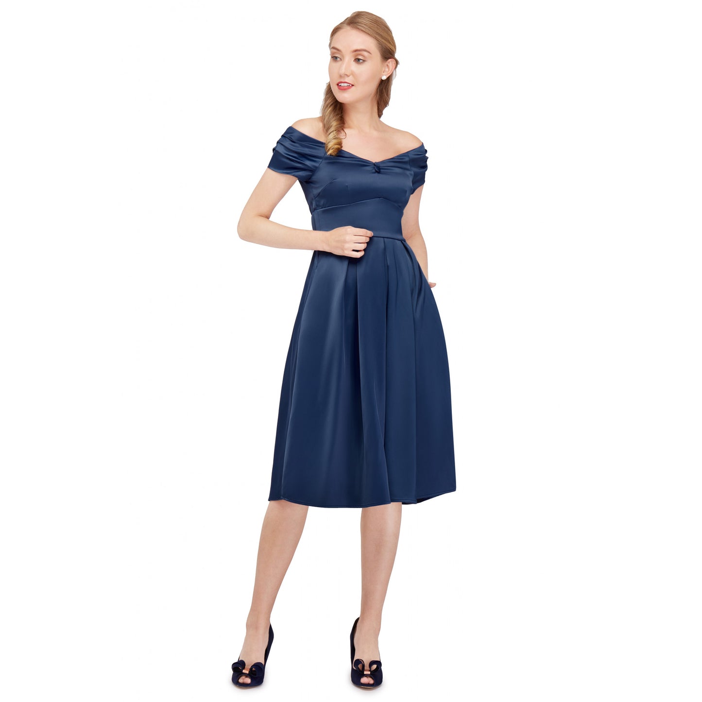 Lily Blue Satin Off Shoulder Swing Dress by Dolly & Dotty