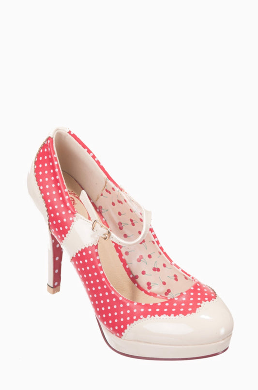 Red and White Dotty Mary Jane Heels by Banned