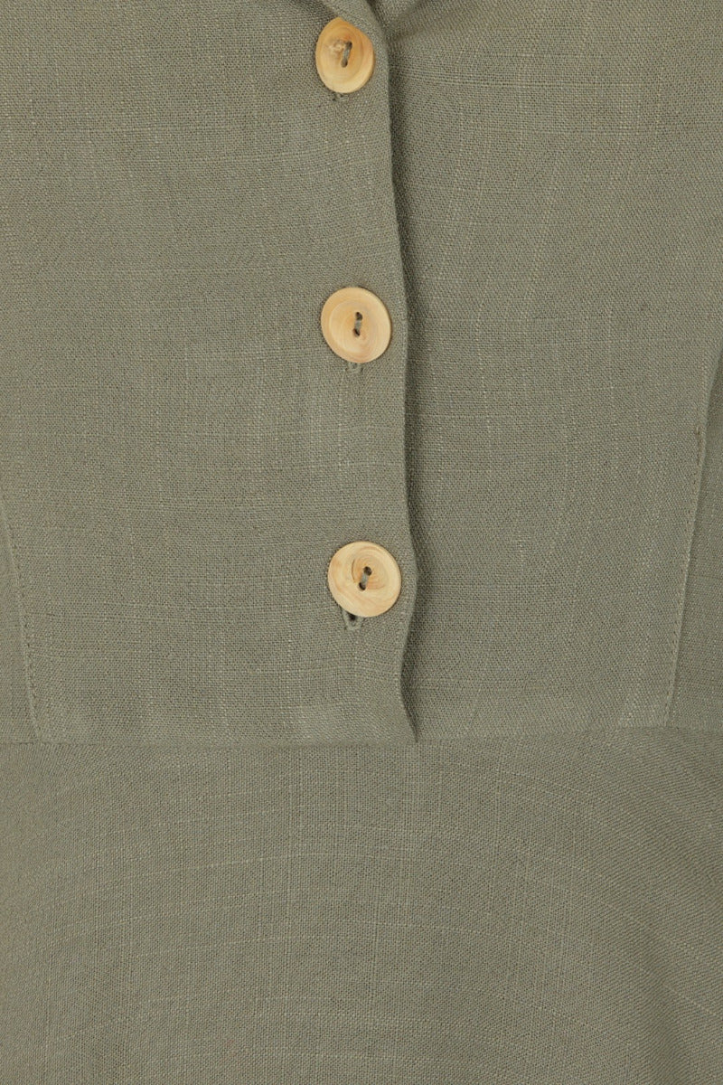Close up of wooden buttons sewn on to a khaki green dress