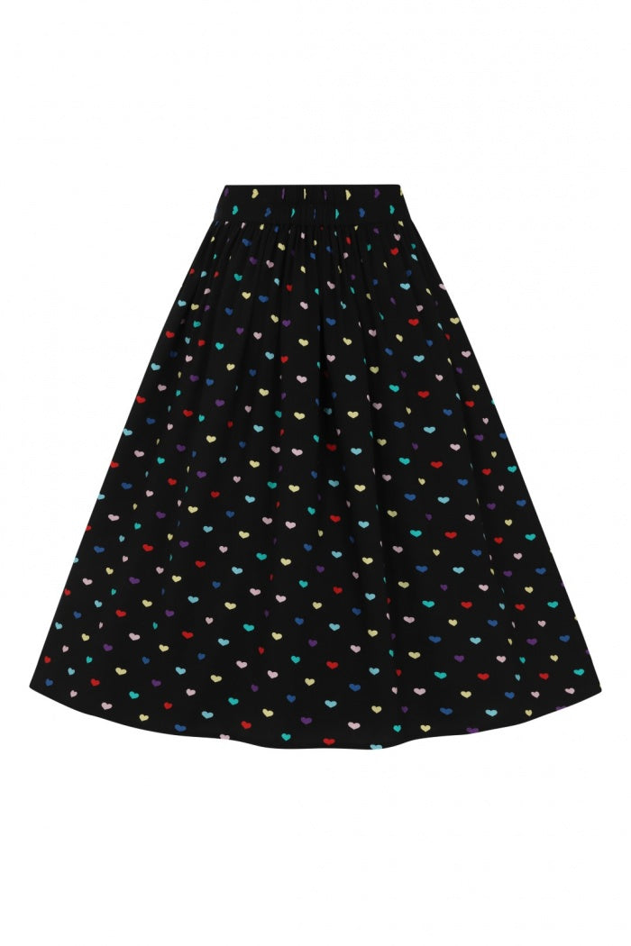 Black skirt with multicoloured hearts all over