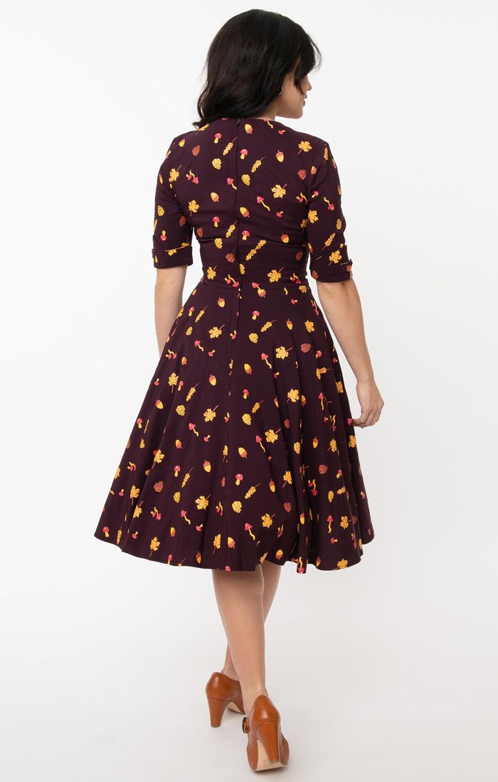 purple autumn dress Unique Vintage Delores Autumn Leaves 50s Dress – Lemonie Boutique