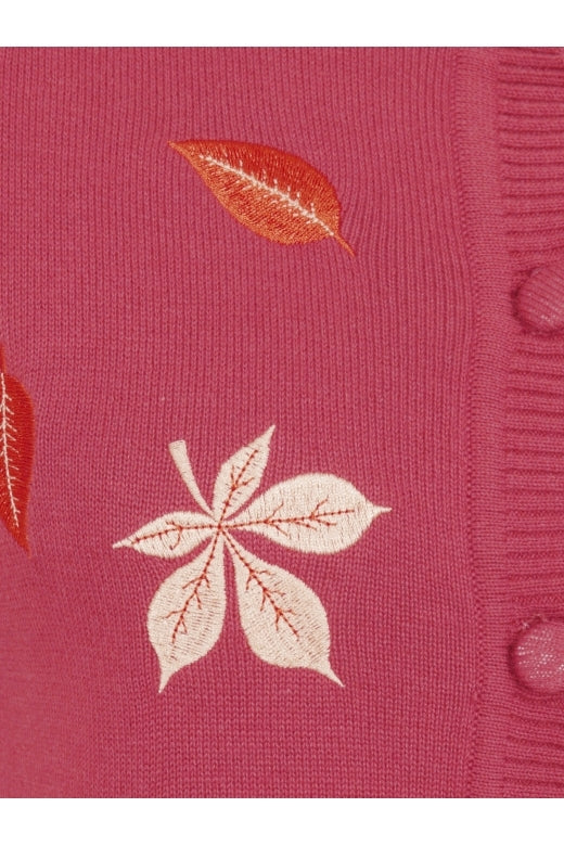 close up of the embroidered orange and pale gold autumn leaves on the Abigail cardigan