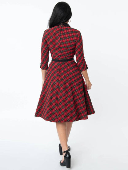Trudy 50s Swing Dress Red Black Plaid by Unique Vintage