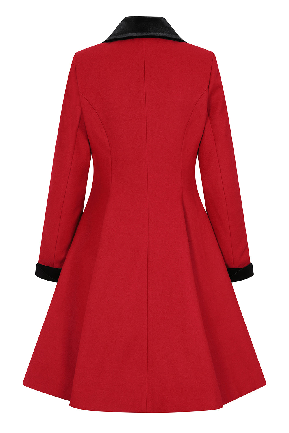 Back of the red Anouk coat by Hell Bunny showing tailored details and the flared design