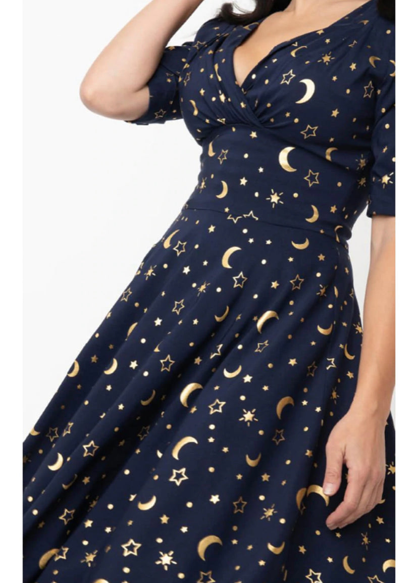 Delores Moon & Stars 50's Swing Dress Blue Gold by Unique Vintage