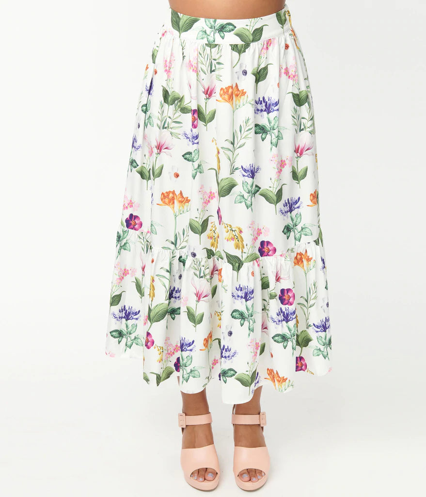 Plus Size White & Garden Floral Print Midi Skirt by Unique Vintage