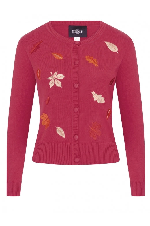 front view of rust orange coloured knitted cardigan with button front and embroidered autumn leaves 