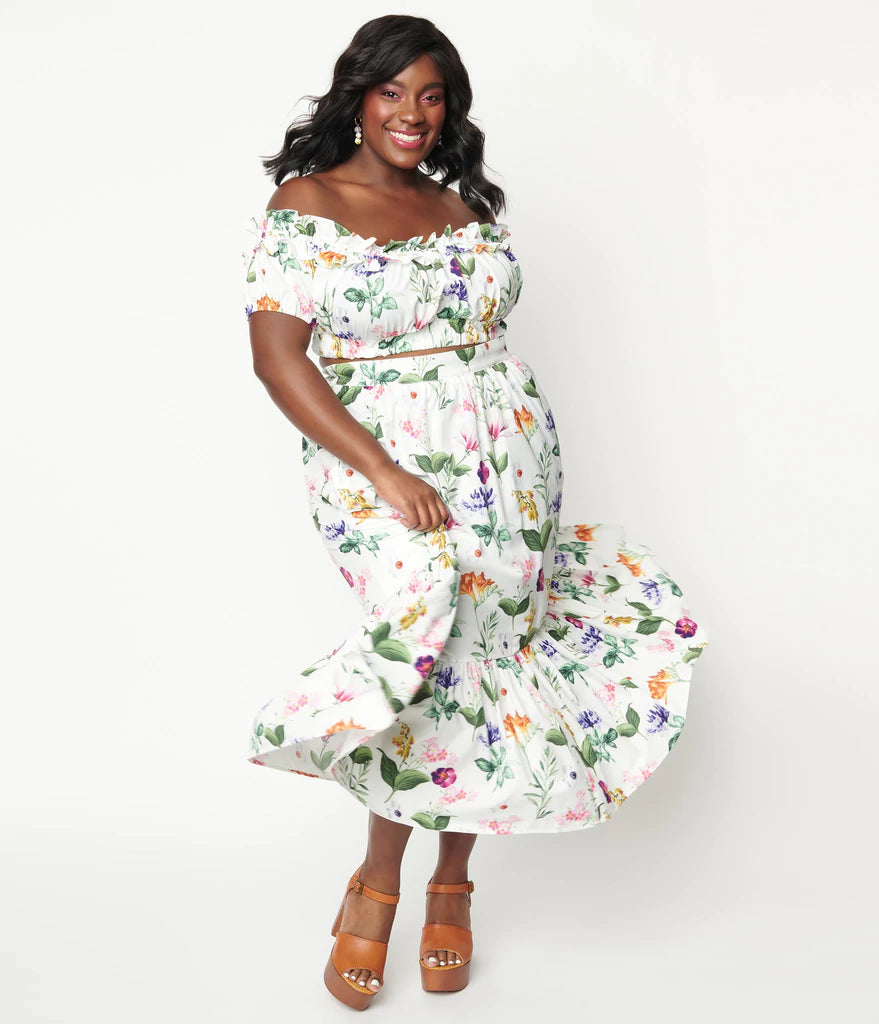 Plus Size White Garden Floral Print Midi Skirt by Unique Vintage UK 20