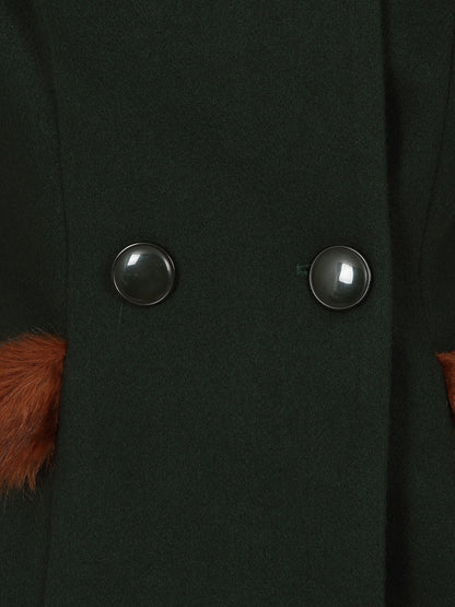 Two green buttons on the front of a dark green coat