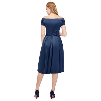 Lily Blue Satin Off Shoulder Swing Dress by Dolly & Dotty