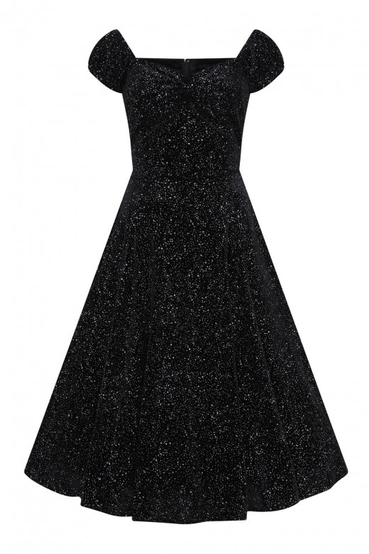 A plain black velvet dress with short off the shoulder sleeves and sweetheart bust covered in beautiful glittery details