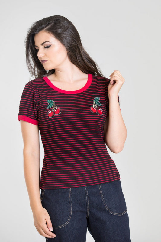 Ellie Cherry Stripe Top by Hell Bunny