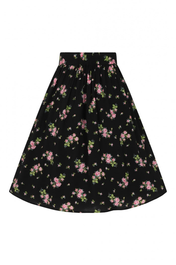 Back view of black floral print skirt flat lay  on white background