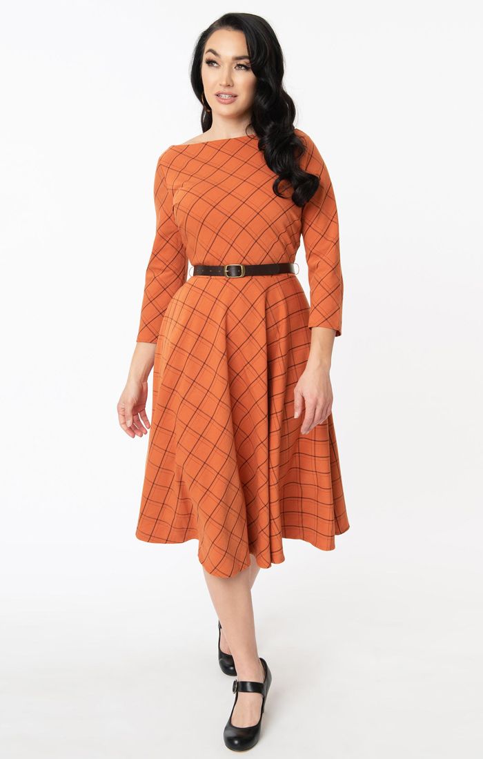 NWT Unique Vintage Orange Plaid Retro shops Dress