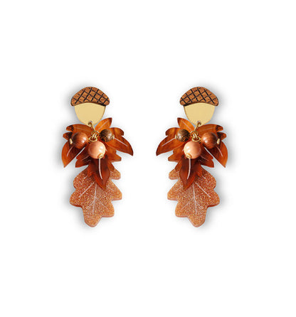 Laliblue Acorn and Autumn Leaves earrings on a plain white background