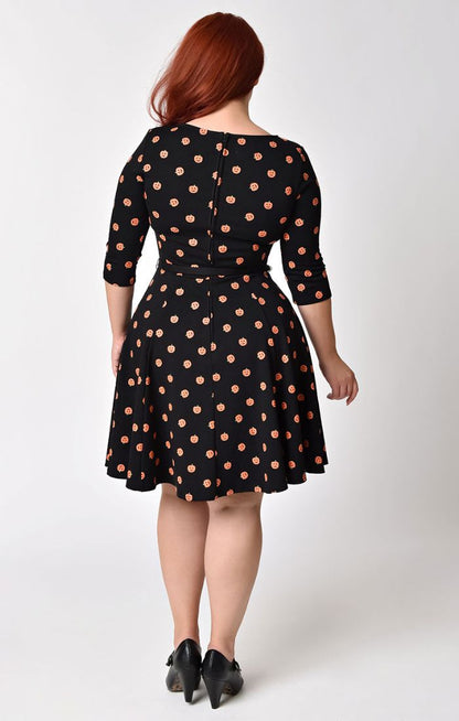 Plus Black & Orange Pumpkin Patch Knit Flare Dress Unique Vintage