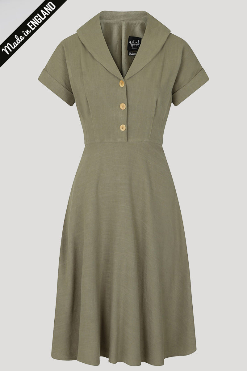 Khaki green 40s style shirt dress with short sleeves and three wooden buttons 