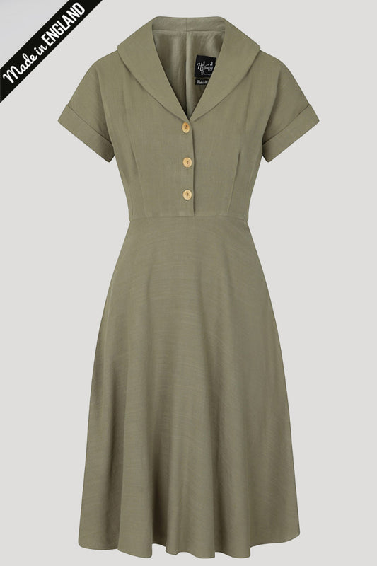 Khaki green 40s style shirt dress with short sleeves and three wooden buttons 